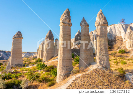 View of Love valley near Goreme village, Cappadocia, Turkey 136827312