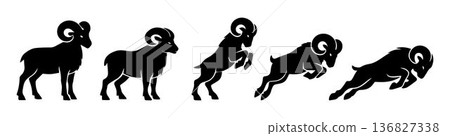 Set of Ram silhouette icons isolated on white background. Symbol of Happy Chinese New Year 2027. Ram jumping, leaping, running, standing in various poses. Set of Ram silhouettes. Vector illustration. Set of Ram silhouette icons isolated on white background. Symbol of Happy Chinese New Year 2027. Ram jumping, leaping, running, standing in various poses. Set of Ram silhouettes. Vector illustration. 136827338