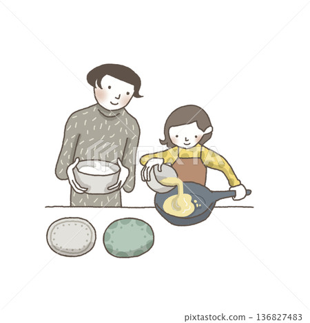 Mother and little girl baking sponge cake 136827483