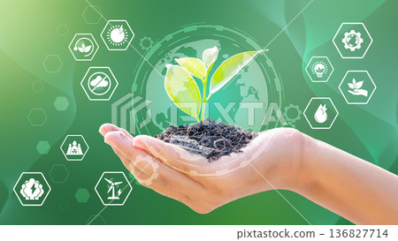 World Environment Day concept with Technology and icons on blurred green background 136827714