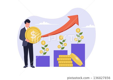 Compound Interest Concept with Growing Money Plants and Rising Arrow Illustration 136827856