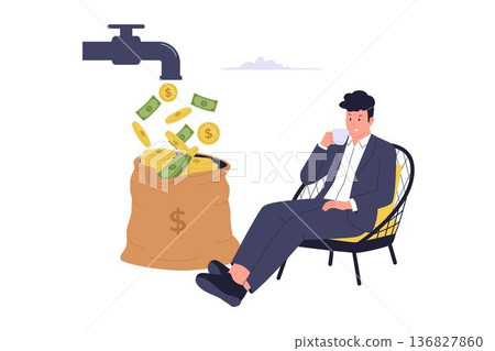 Passive Income Concept with Businessman Relaxing while Money Flows from Faucet Passive Income Concept with Businessman Relaxing while Money Flows from Faucet 136827860