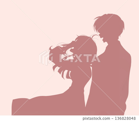 Man and woman laughing next to each other, holding back hair, silhouette Man and woman laughing next to each other, holding back hair, silhouette 136828048