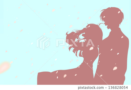一男一女並肩大笑,撩起頭髮,剪影映襯著櫻花暴雪。 一男一女並肩大笑,撩起頭髮,剪影映襯著櫻花暴雪。 136828054