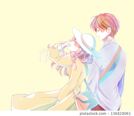 A man and woman smiling happily next to each other going out A man and woman smiling happily next to each other going out 136828061