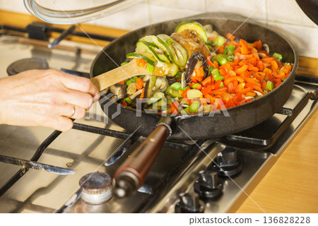 Chopped vegetables on frying pan Chopped vegetables on frying pan 136828228