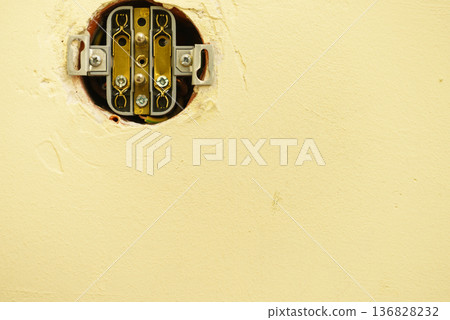 Hole in wall with wires for light switch. Hole in wall with wires for light switch. 136828232