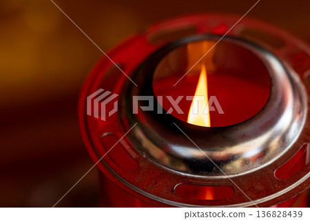 Red oil lamps for offering in the temple 136828439