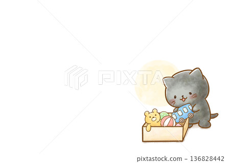 水彩插畫，描繪了一隻黑貓在花園裡的生活，它正在整理花園，畫面帶有邊框。 136828442