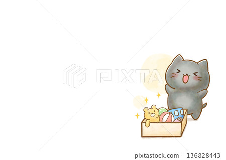 Watercolor illustration of a black cat's garden life. A cat happy after cleaning up. Landscape. With margin. 136828443