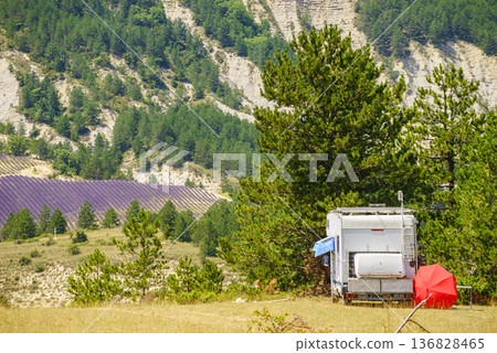 Rv camper camping in mountains, Baronnies Park in Provence France. Rv camper camping in mountains, Baronnies Park in Provence France. 136828465