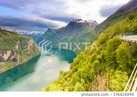 View on Geirangerfjord from Flydasjuvet viewpoint Norway 136828840