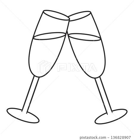 Minimal line art illustration of two champagne glasses clinking in a toast. Minimal line art illustration of two champagne glasses clinking in a toast. 136828907