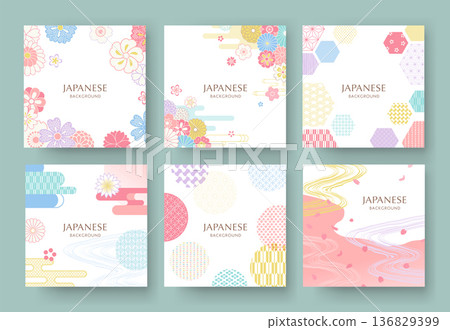 Spring flowers and Japanese pattern background set 136829399