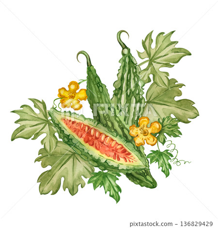 A hand-painted watercolor illustration of bitter melon and momordica for a healthy eating concept. Asian cucumber, arranged with leaves and a flower. A healthy green vegetable for menus and packaging. A hand-painted watercolor illustration of bitter melon and momordica for a healthy eating concept. Asian cucumber, arranged with leaves and a flower. A healthy green vegetable for menus and packaging. 136829429