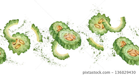 A seamless watercolor border featuring bitter gourd slices and pieces, juice splashes, and a green element of the momordica cucumber fruit. All hand-drawn for a healthy eating theme. A seamless watercolor border featuring bitter gourd slices and pieces, juice splashes, and a green element of the momordica cucumber fruit. All hand-drawn for a healthy eating theme. 136829430
