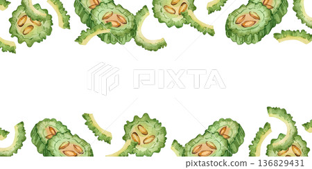 A frame of slices and pieces of bitter melon and Indian cucumber, all hand-painted in watercolor on a white background. A botanical frame design for a healthy eating concept, recipe, or diet. A frame of slices and pieces of bitter melon and Indian cucumber, all hand-painted in watercolor on a white background. A botanical frame design for a healthy eating concept, recipe, or diet. 136829431
