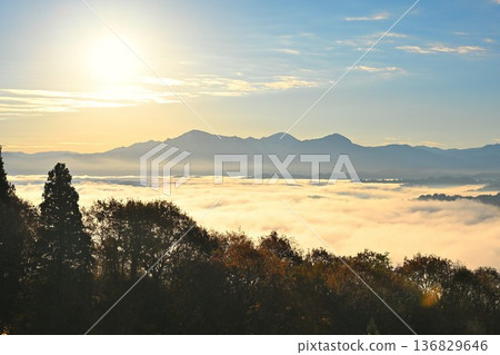Morning scenery of autumn leaves and a sea of clouds on the Yamamotoyama Plateau (Ojiya City, Niigata Prefecture) 136829646