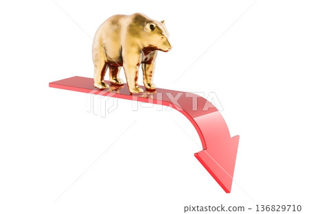 Bear market concept with golden bear and down arrow. 3d rendering Bear market concept with golden bear and down arrow. 3d rendering 136829710