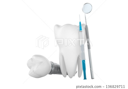 Dental implant, tooth, dentist mirror and syringe. 3d rendering Dental implant, tooth, dentist mirror and syringe. 3d rendering 136829711