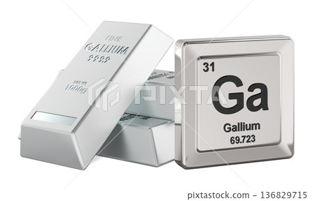 Gallium metal ingots with Ga element symbol, periodic table tile. 3D rendering 136829715