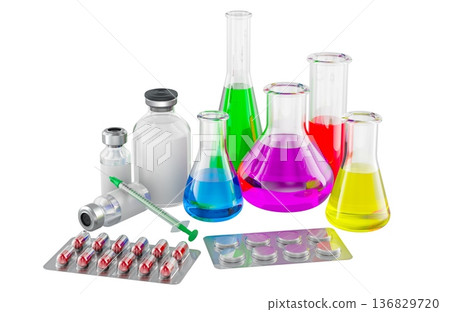 Lab glassware with drug and pills. Pharmaceutical drug development and research concept, 3d rendering 136829720