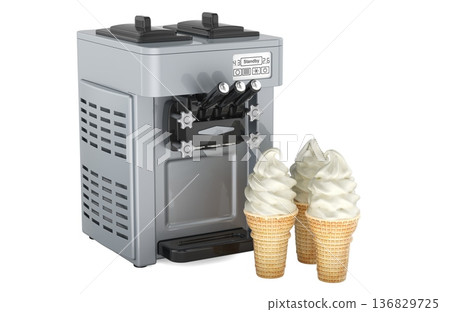 Soft serve ice cream machine with vanilla cones. 3d rendering Soft serve ice cream machine with vanilla cones. 3d rendering 136829725