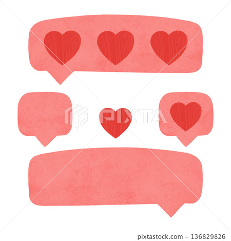 Love message, speech bubble, romantic mail, love thoughts in the shape of hearts. Scarlet, pink. Flat style set of elements. Watercolor, pastel. Design element for printing, prints, products, printed 136829826