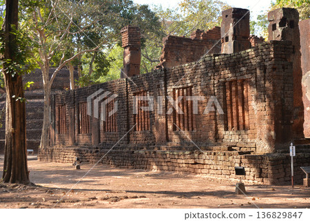 Ruins of buildings, Buddhist architecture Old and decayed with brick walls and laterite Ruins of buildings, Buddhist architecture Old and decayed with brick walls and laterite 136829847