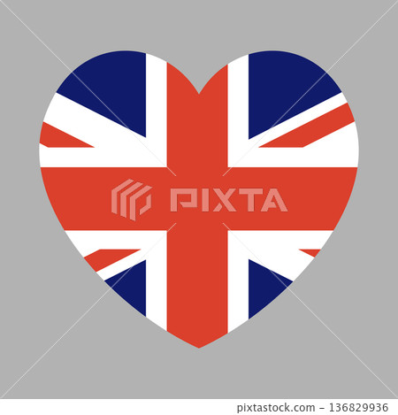 United Kingdom flag heart shaped icon. UK flag symbol. British flag in heart shape. Button, banner, badge. National flat sign. 136829936