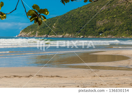 Sunny day at beach in Florianopolis with mountains and ocean with waves. Sunny day at beach in Florianopolis with mountains and ocean with waves. 136830154