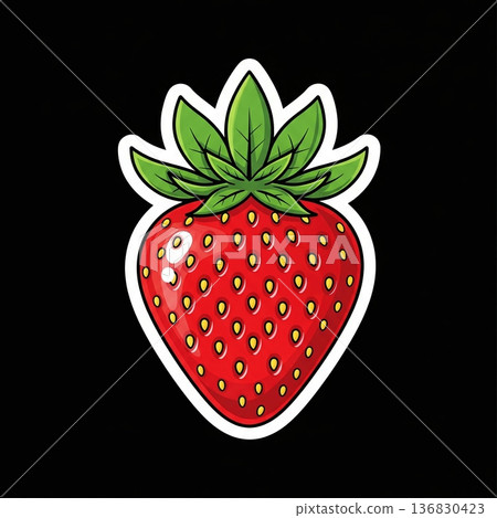 Red strawberry fruit sticker illustration with green leaves isolated on black background Red strawberry fruit sticker illustration with green leaves isolated on black background 136830423
