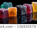 Colorful sugar coated jelly cubes macro on black reflective background 136830578