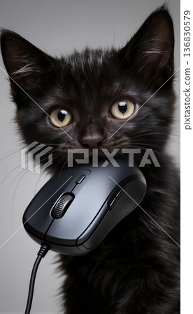 Black kitten holding computer mouse in mouth isolated on white background 136830579