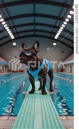 Dog standing on diving board at indoor swimming pool ready to jump Dog standing on diving board at indoor swimming pool ready to jump 136830580
