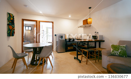 Modern studio apartment interior with open plan kitchen Modern studio apartment interior with open plan kitchen 136830677