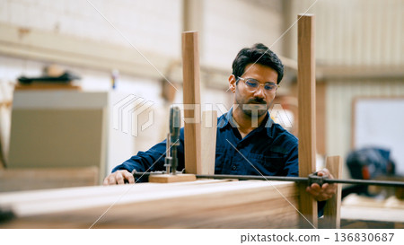 Woodworker assembling furniture frame with clamp in workshop 136830687