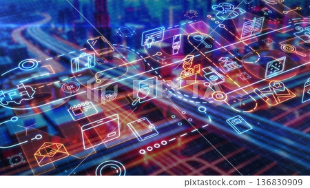 Infographics of social connections against the backdrop of a digital city. 136830909