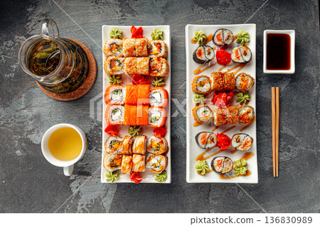 Assorted sushi rolls set with soy sauce Assorted sushi rolls set with soy sauce 136830989