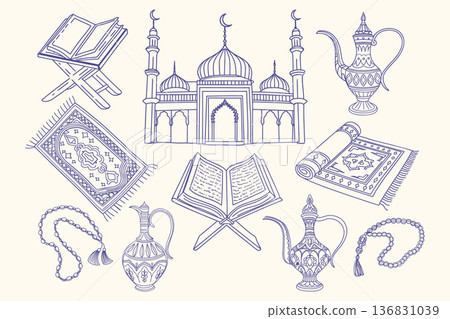 Collection of hand drawn Islamic religious symbols and cultural elements. Arabic jugs, Koran book, prayer rug, rosary, mosque. 136831039