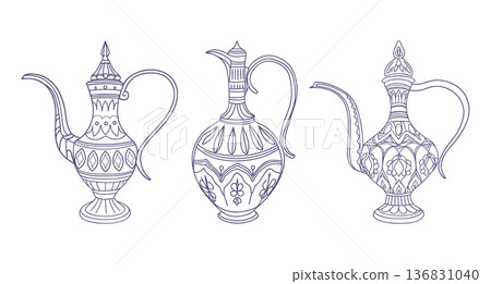 Ornate arabtan pitchers collection. Set of arabian vintage jugs. 136831040