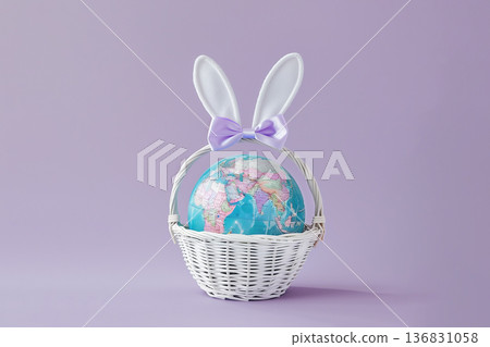 Creative planet Earth decorated as Easter bunny resting in woven basket, seasonal eco themed design 136831058