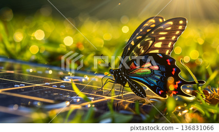 Delicate butterfly sitting on solar panel surrounded by bright green grass, sustainable energy concept Delicate butterfly sitting on solar panel surrounded by bright green grass, sustainable energy concept 136831066