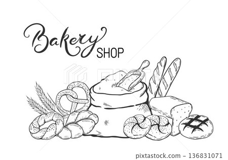 Bakery design template. Bakery products vector illustration set in engraving style. Collection of sketches of bread Baguette and sweet Bakery. Gluten food assortment. Bakery design template. Bakery products vector illustration set in engraving style. Collection of sketches of bread Baguette and sweet Bakery. Gluten food assortment. 136831071