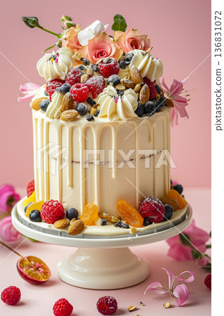Festive Easter cake decorated with fresh flowers, dried fruits and egg-shaped candies on white cake stand, elegant holiday table setting Festive Easter cake decorated with fresh flowers, dried fruits and egg-shaped candies on white cake stand, elegant holiday table setting 136831072