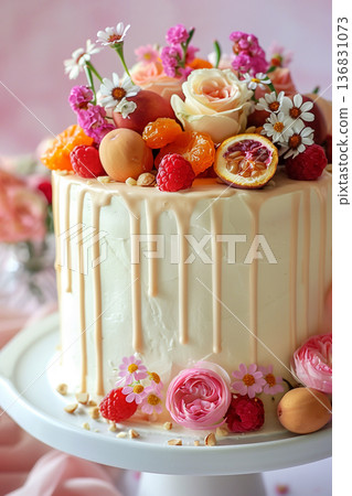 Beautifully styled Easter dessert topped with floral accents and colorful egg-shaped sweets, served on a table Beautifully styled Easter dessert topped with floral accents and colorful egg-shaped sweets, served on a table 136831073