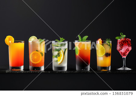 Elegant cocktails in assorted glasses on black bar counter, sophisticated evening atmosphere Elegant cocktails in assorted glasses on black bar counter, sophisticated evening atmosphere 136831079