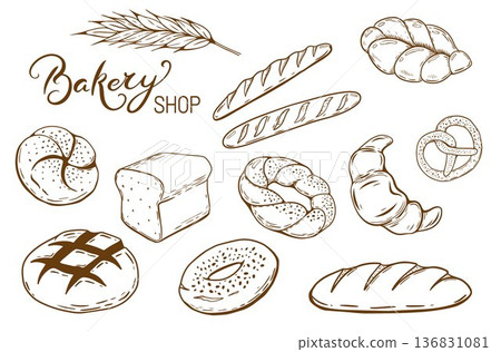 Bakery products vector illustration set in engraving style. Collection of sketches of bread Baguette and sweet Bakery. Gluten food assortment. 136831081