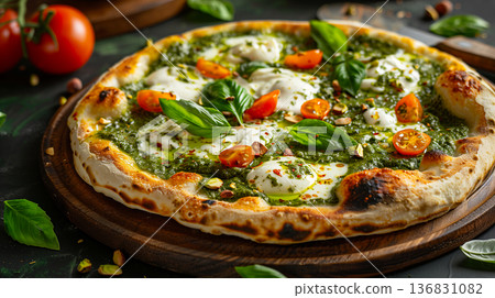 Gourmet pizza with vibrant matcha crust and juicy tomatoes styled on black backdrop, modern food photography Gourmet pizza with vibrant matcha crust and juicy tomatoes styled on black backdrop, modern food photography 136831082