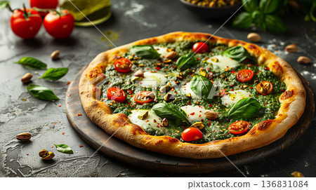 Artistic flat lay of green matcha pizza with red tomatoes contrasting against deep dark background, trendy restaurant menu concept Artistic flat lay of green matcha pizza with red tomatoes contrasting against deep dark background, trendy restaurant menu concept 136831084
